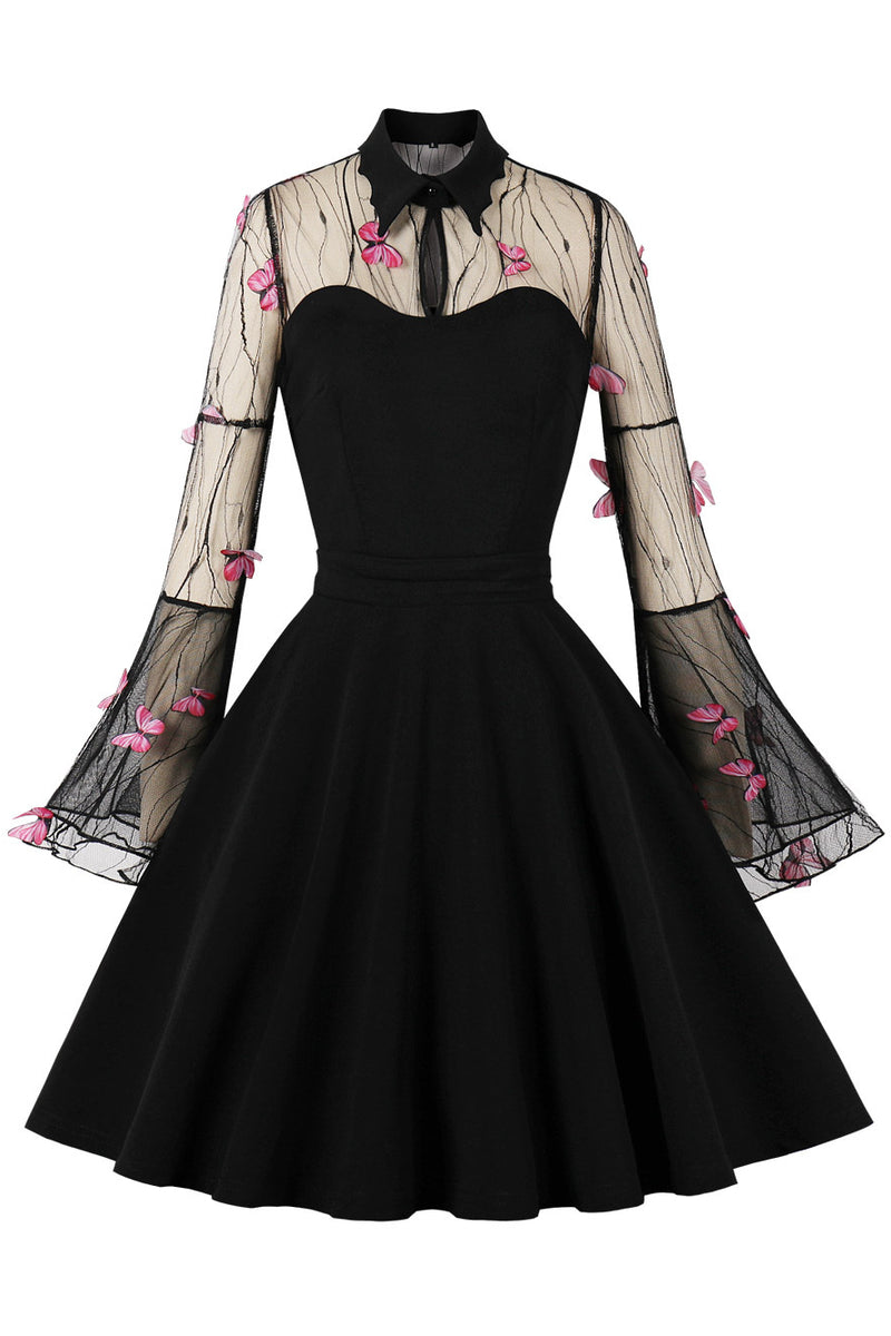Black 3D Butterfly Bell Sleeves Shirt Collar A-line Vintage Dress