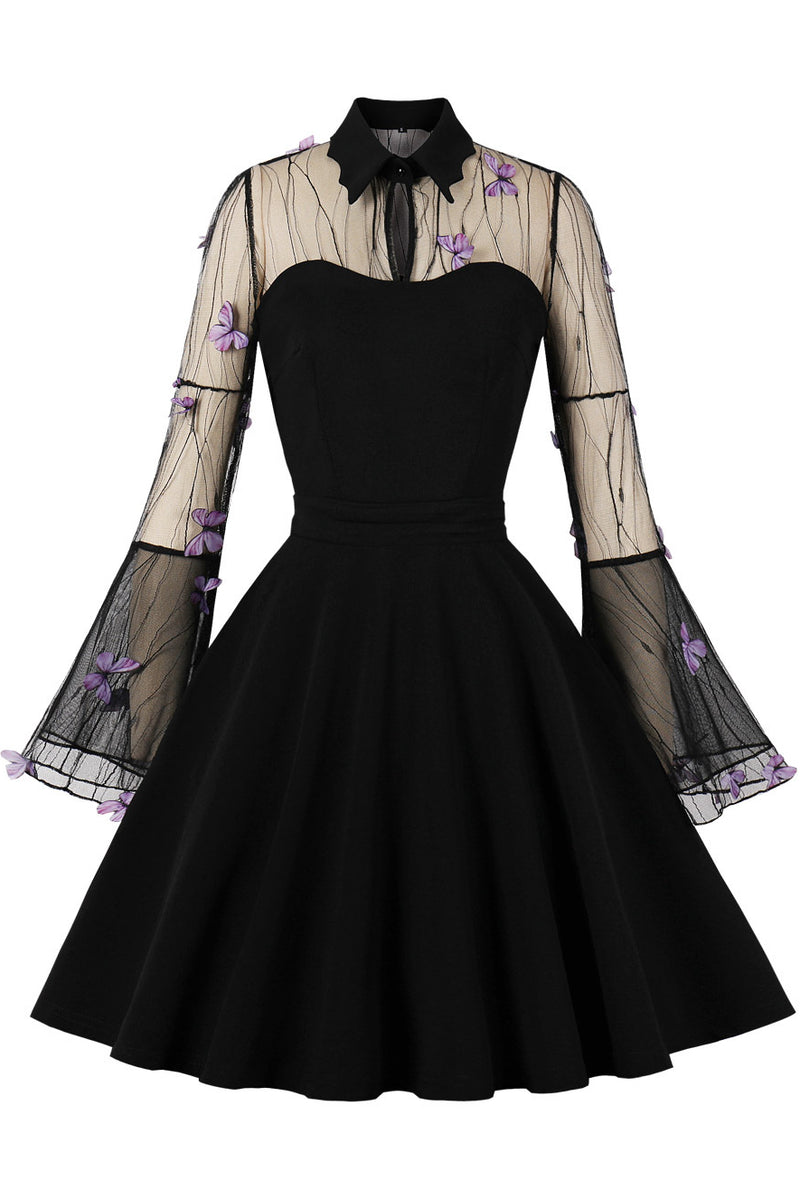 Black 3D Butterfly Bell Sleeves Shirt Collar A-line Vintage Dress