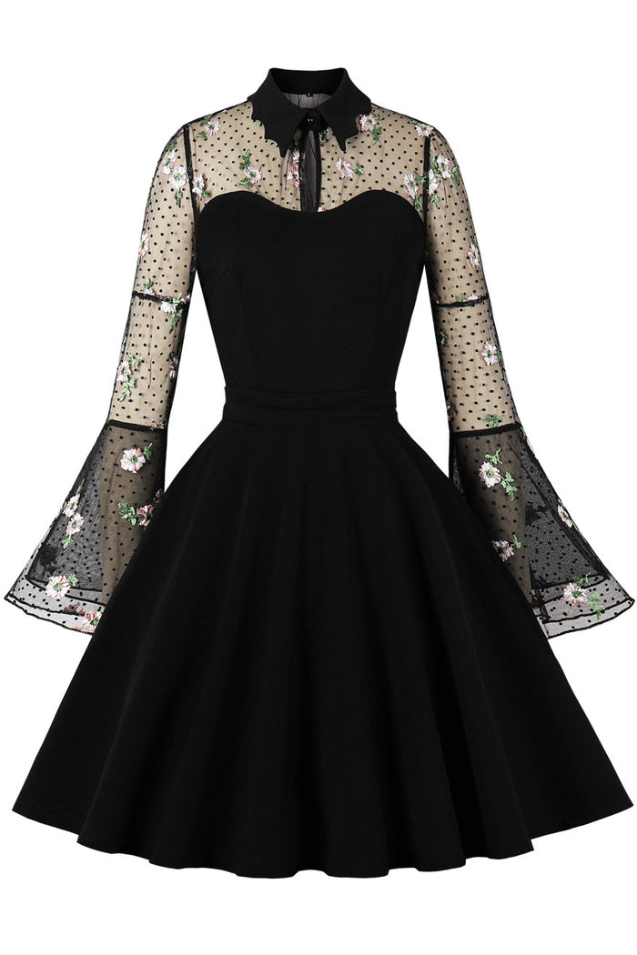 Halloween Black High Neck Illuson Bell Sleeves A-line Embroidery Vintage Dress