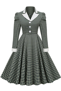 Dark Green Lapel Long Sleeves A-line Plaid Dress 