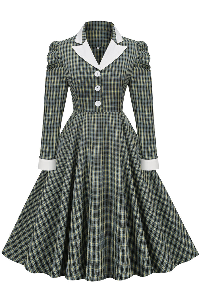 Dark Green Lapel Long Sleeves A-line Plaid Dress 