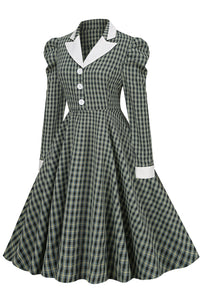 Dark Green Lapel Long Sleeves A-line Plaid Dress 