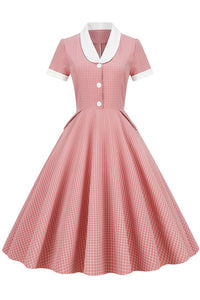 Pink A-line Plaid Dress with Short Sleeves
