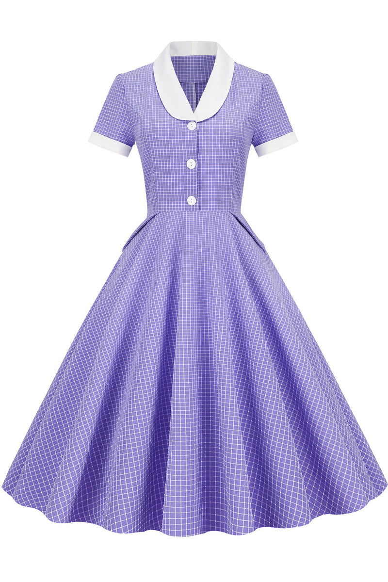 Purple A-line Plaid Dress with Short Sleeves