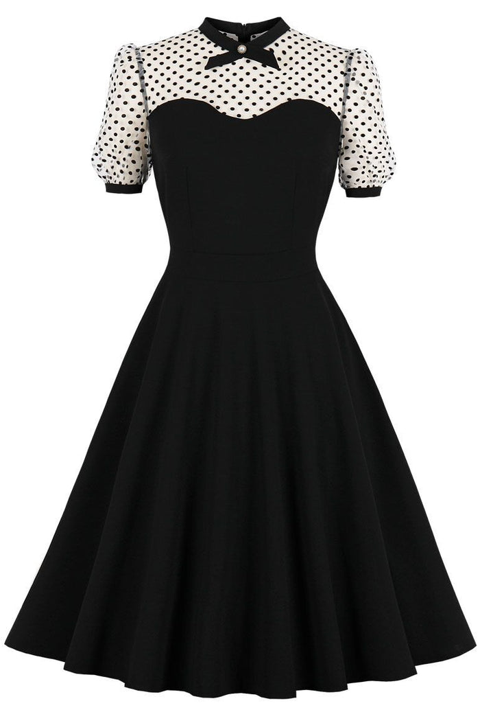 Black Dot Short Sleeves Black A-line Vintage Dress