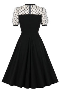 Black Dot Short Sleeves Black A-line Vintage Dress