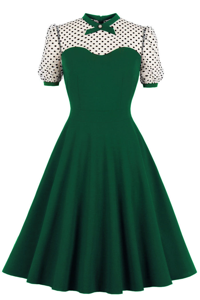 Green Dot Short Sleeves Black A-line Vintage Dress