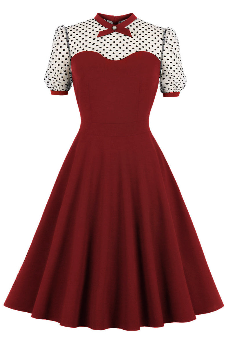 Wine Red Dot Short Sleeves Black A-line Vintage Dress