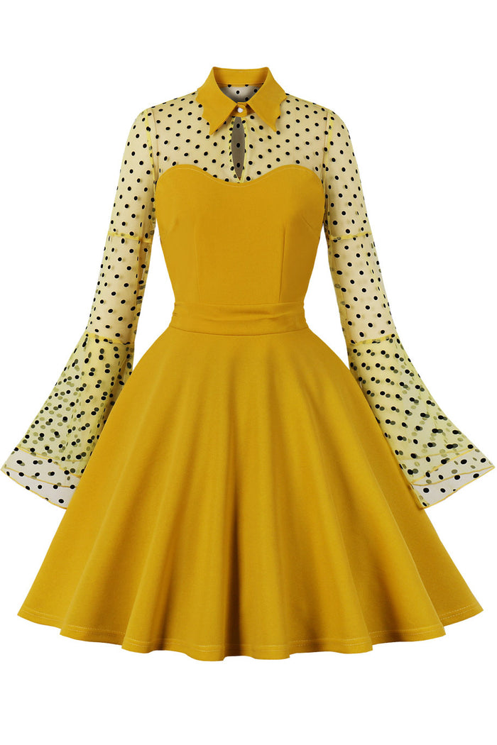 Halloween Yellow  Dot Bell Sleeves A-line Shirt Collar Vintage Dress