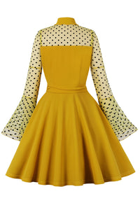 Halloween Yellow Dot Bell Sleeves A-line Shirt Collar Vintage Dress
