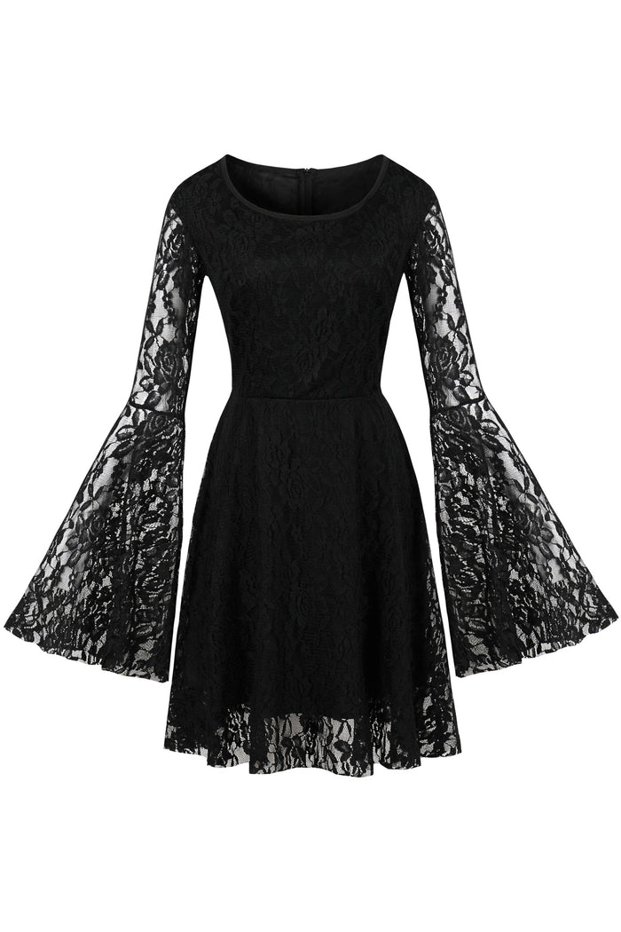 Black Lace Long Bell Sleeves A-line Vintage Dress
