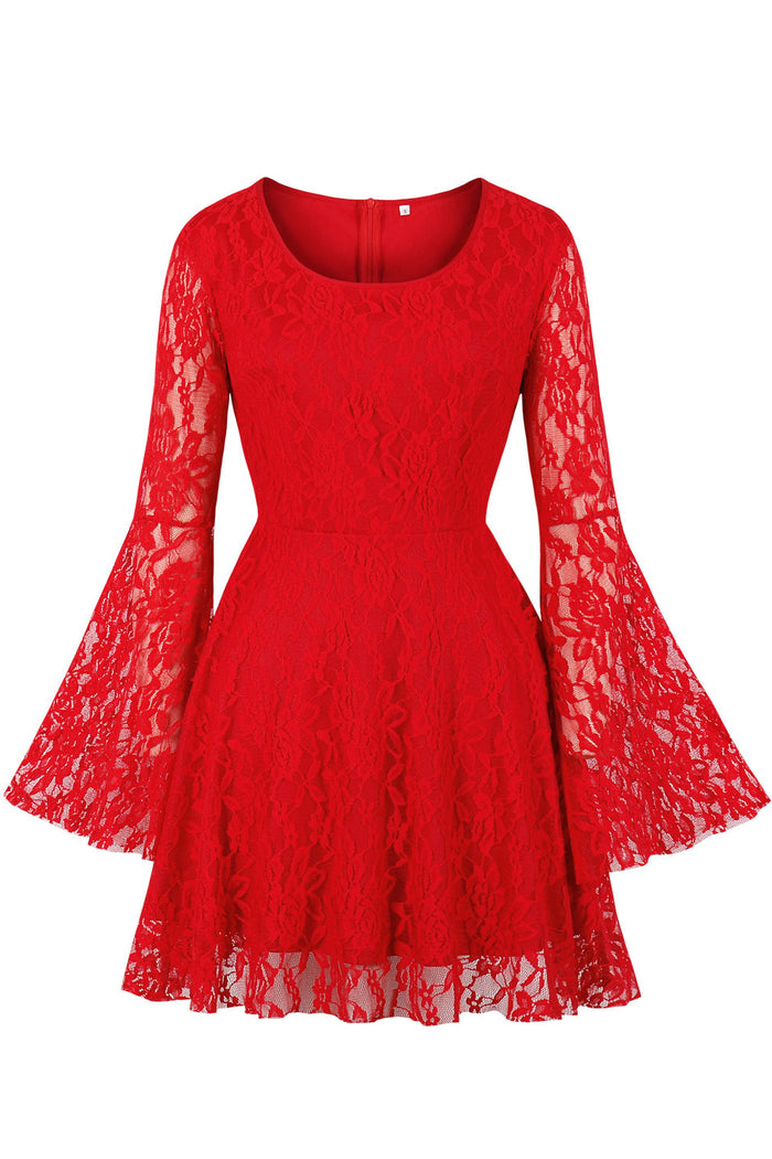 Red Lace Long Bell Sleeves A-line Vintage Dress