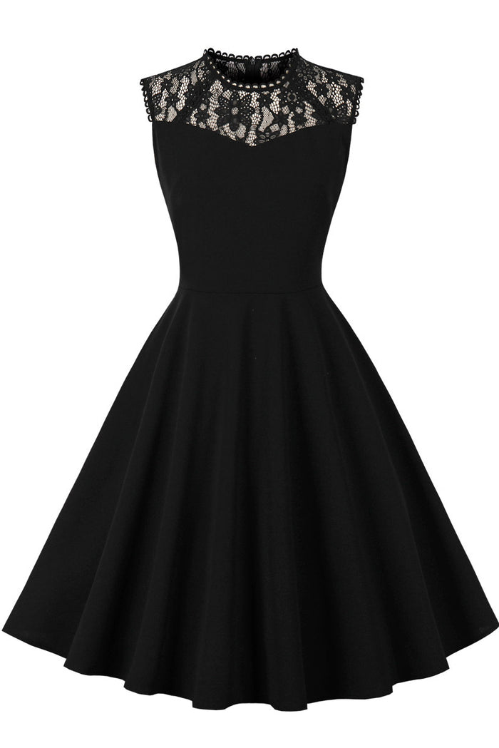 Black Lace Sleeveless A-line Vintage Dress