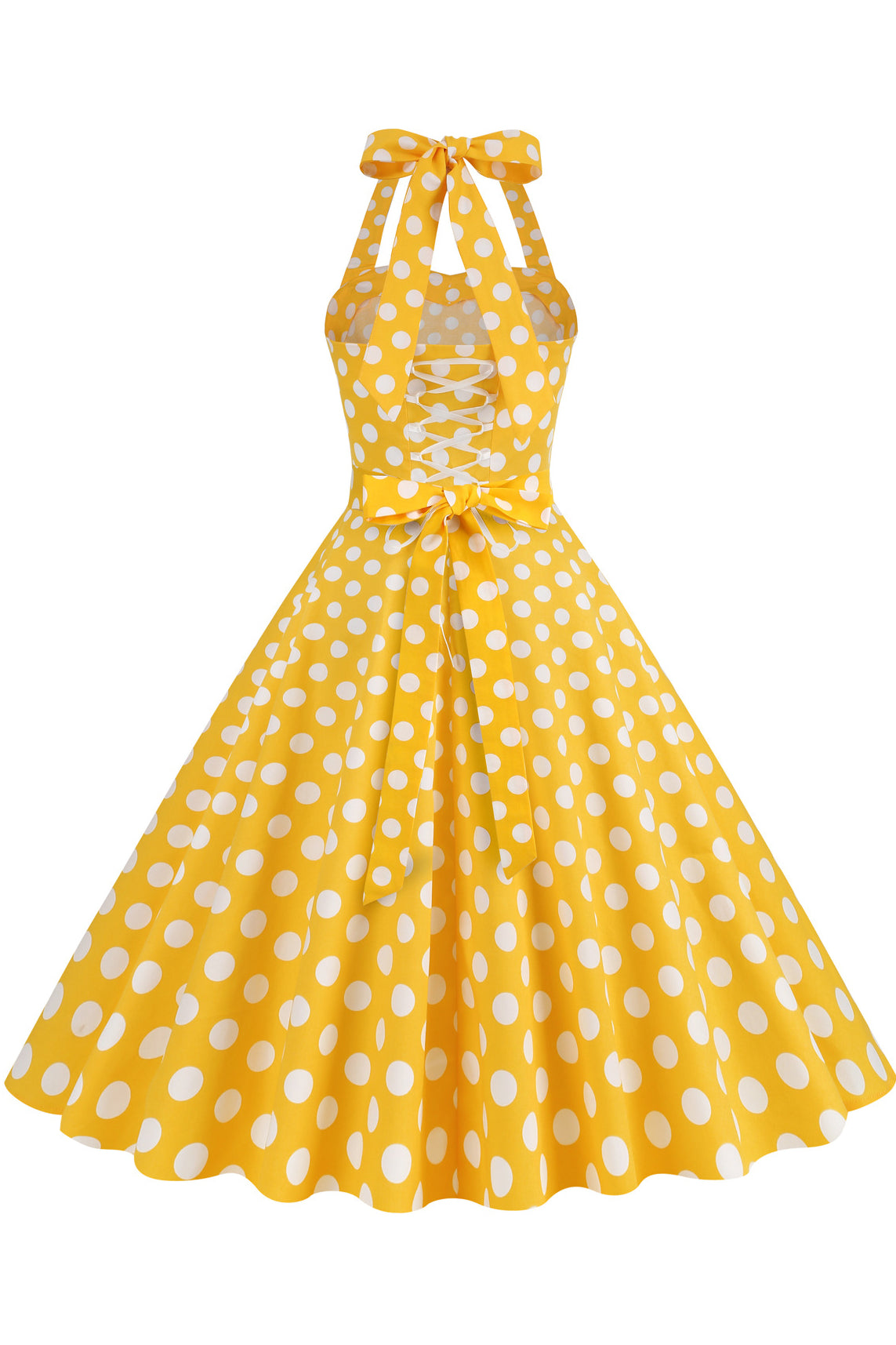 Herbene Yellow Halter Bow Tie Straps Lace-Up Dot Dress