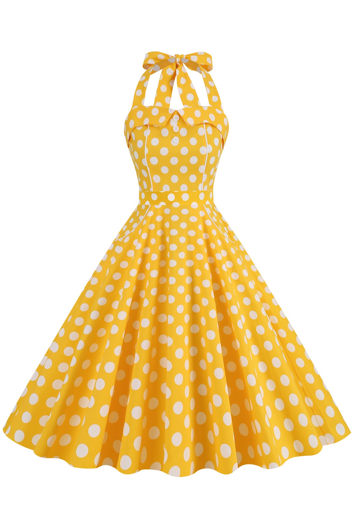 Herbene Yellow Halter Bow Tie Straps Lace-Up Dot Dress
