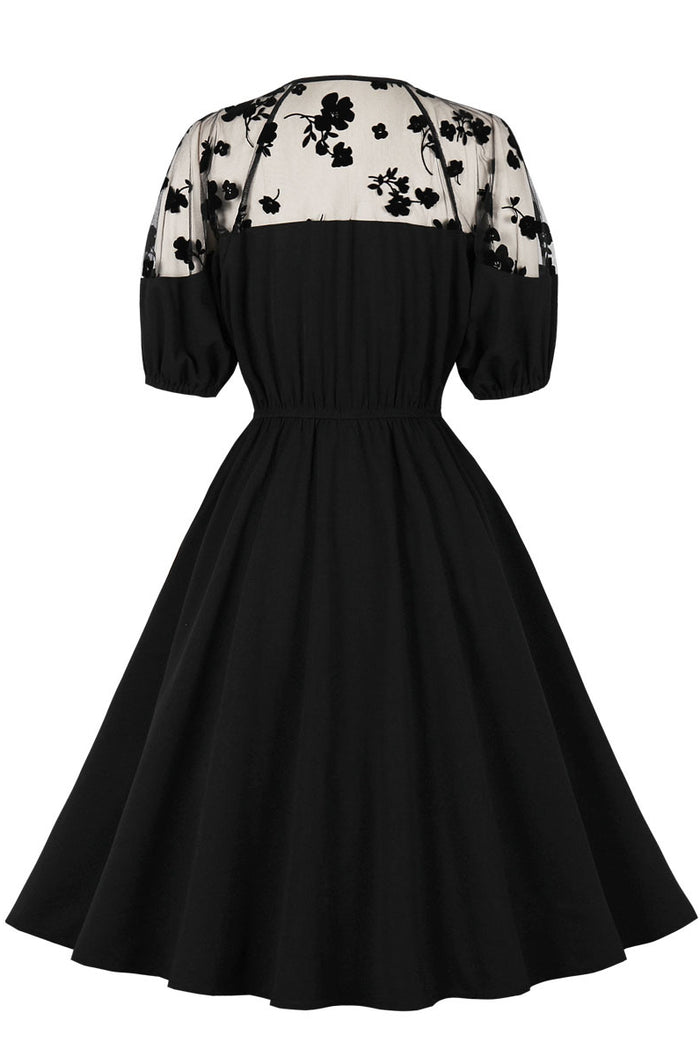 Black Lace Neckline Short Sleeves A-line Vintage Dress