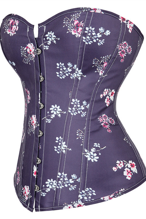 Purple Strapless Floral Lace-Up Bustier Corset Top