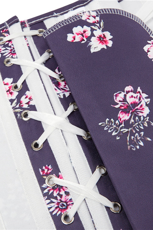 Purple Strapless Floral Lace-Up Bustier Corset Top