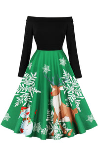 Christmas Green Off-Shoulder Long Sleeves A-line Vintage Dress