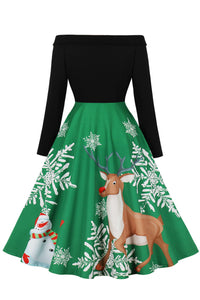Christmas Green Off-Shoulder Long Sleeves A-line Vintage Dress