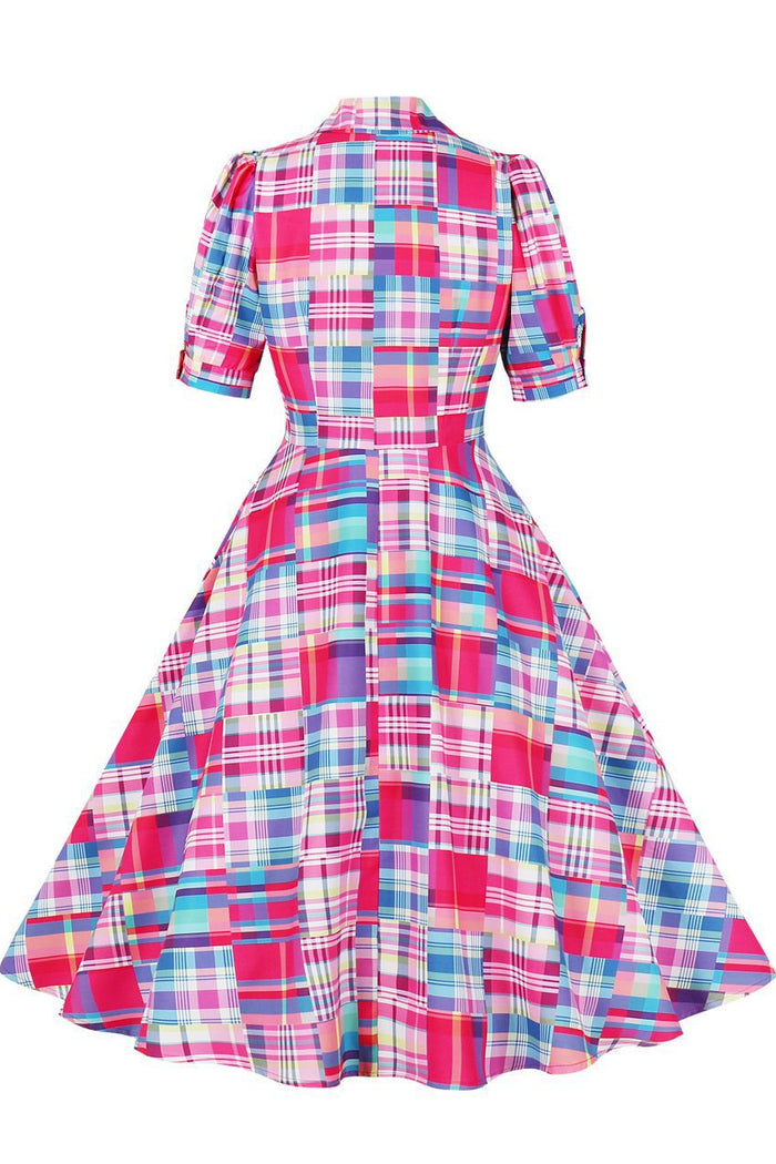 Rose Pink Plaid Lapel A-line Vintage Dress