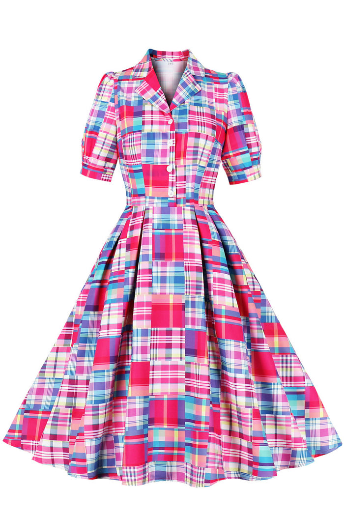 Rose Pink Plaid Lapel A-line Vintage Dress