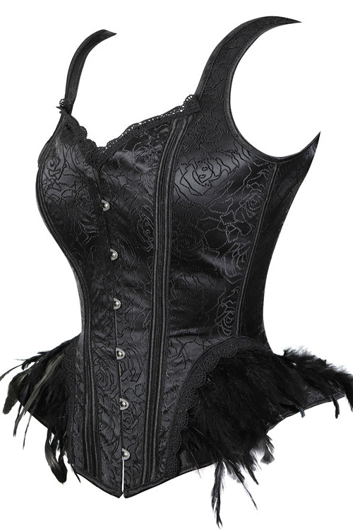 Black Lace-Up Floral Laced Bustier Corset Top with Feathers