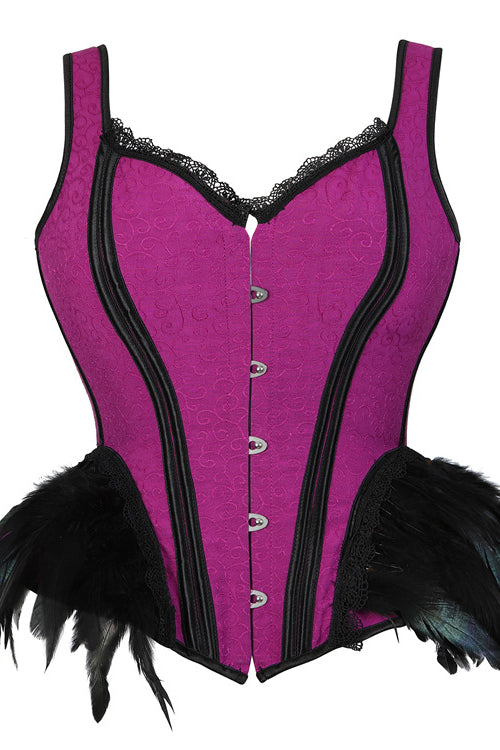 Purple Lace-Up Floral Laced Bustier Corset Top with Feathers
