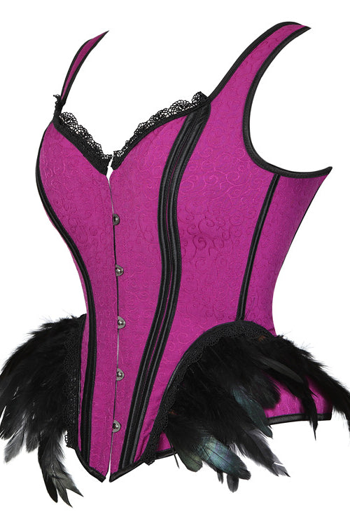 Purple Lace-Up Floral Laced Bustier Corset Top with Feathers