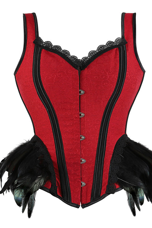 Red Lace-Up Floral Laced Bustier Corset Top with Feathers