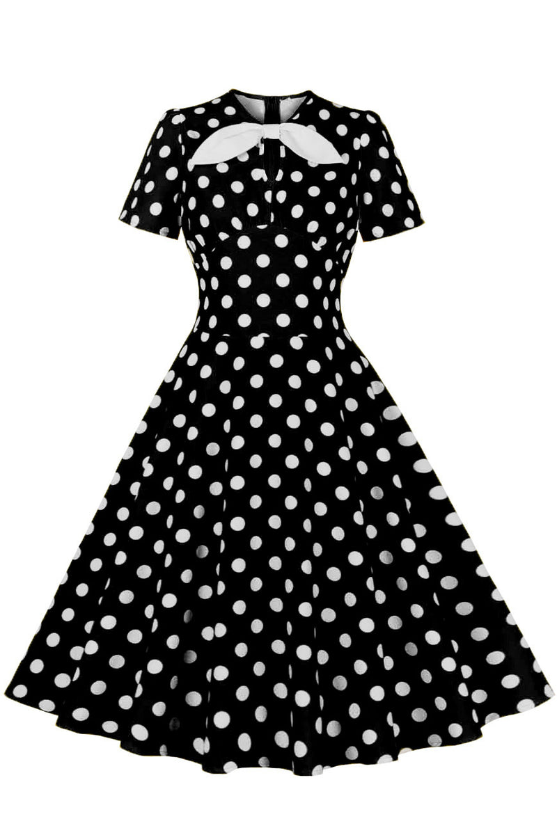 Herbene Black Dot A-line Vintage Dress with Bow