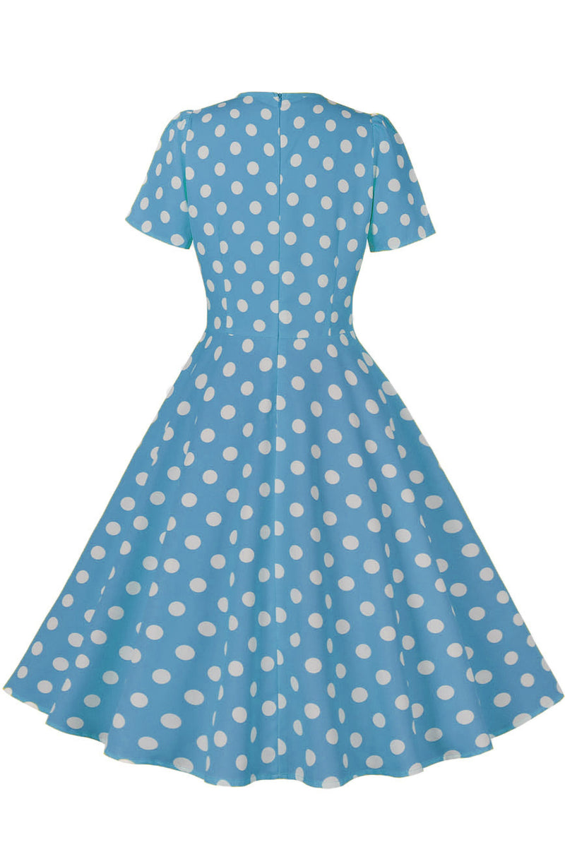 Herbene Blue Dot A-line Vintage Dress with Bow