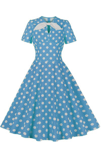 Herbene Blue Dot A-line Vintage Dress with Bow
