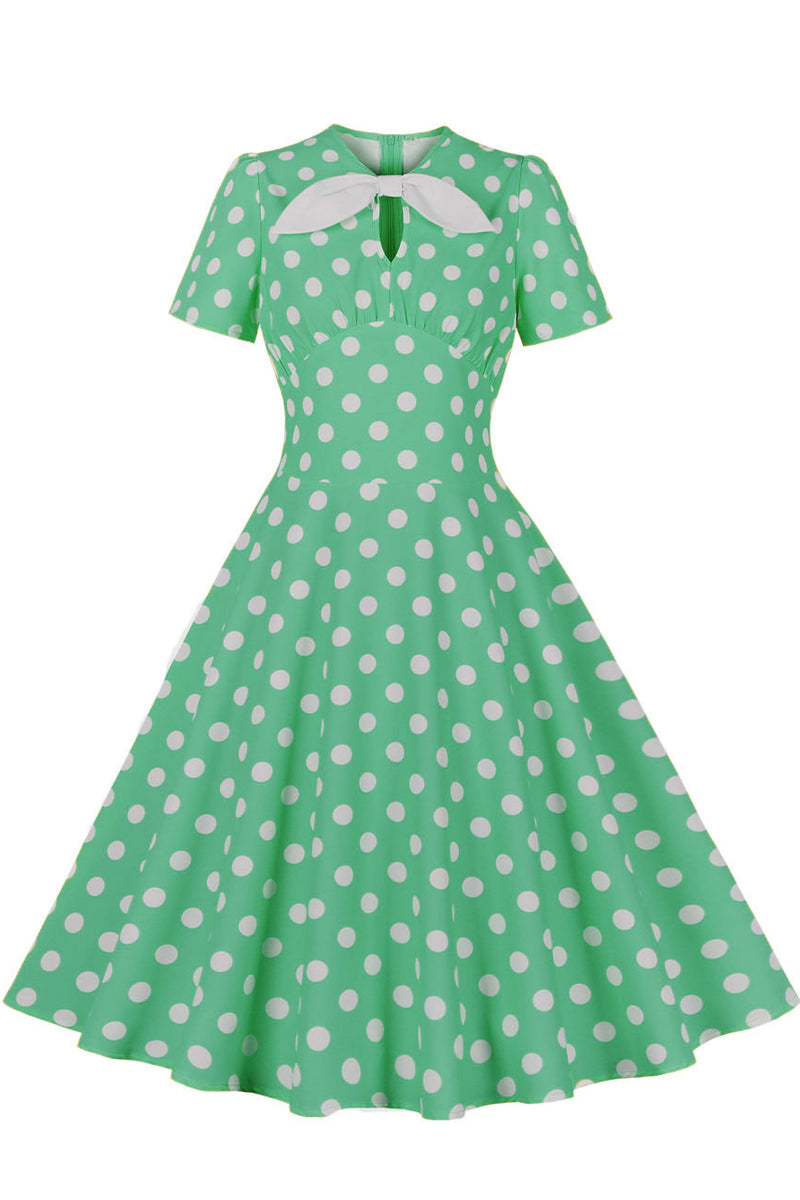 Herbene Green Dot A-line Vintage Dress with Bow