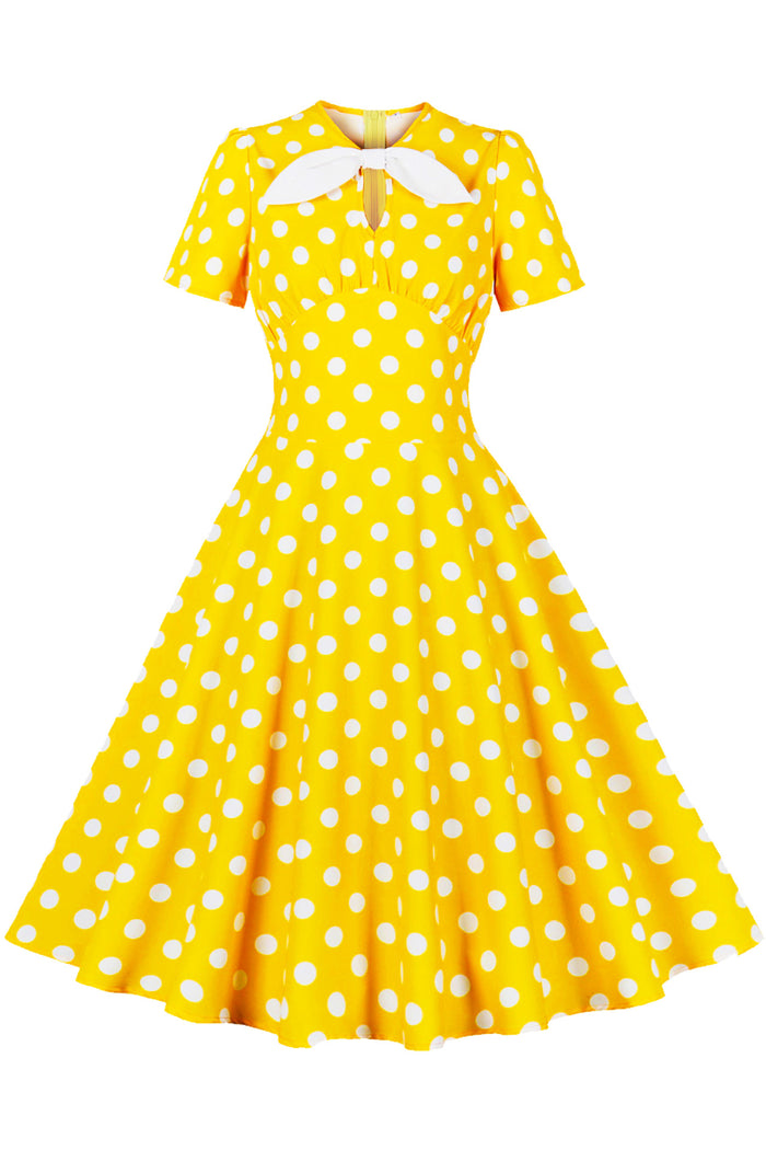 Herbene Yellow Dot A-line Vintage Dress with Bow