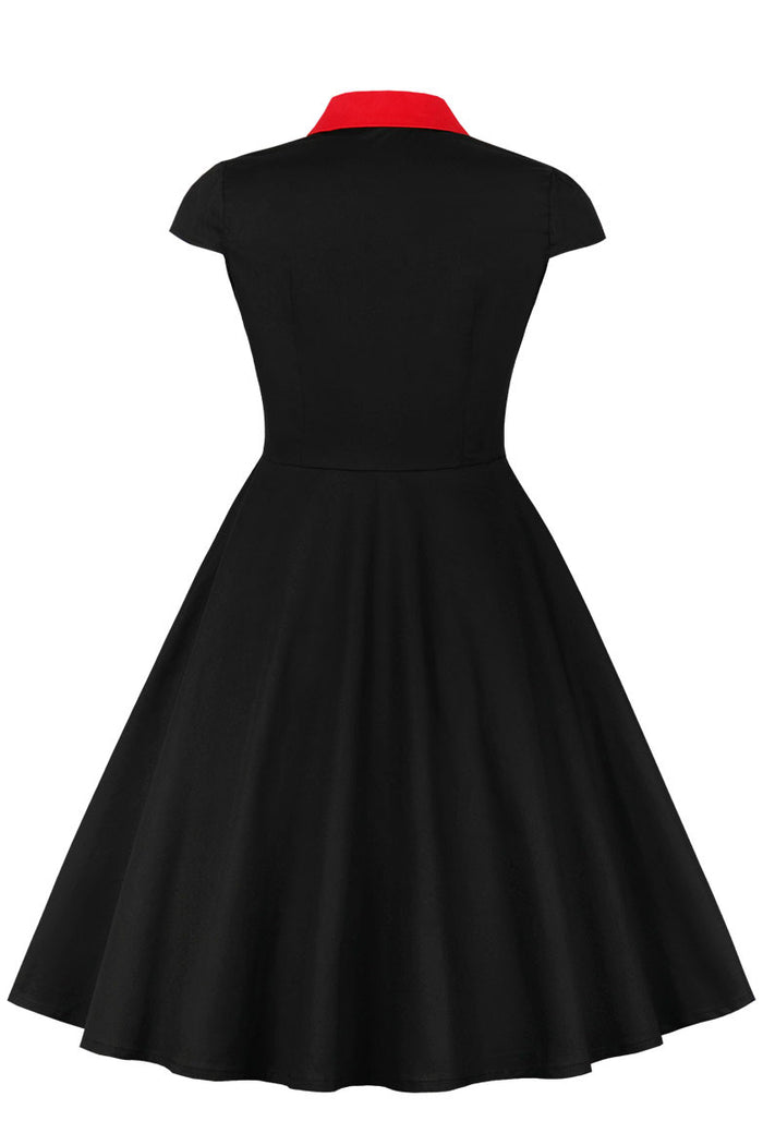 Black Lapel A-line Buttons Cap Sleeves Vintage Dress