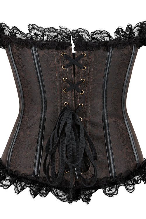 Black Strapless Leather Lace Ruffled Lace-Up Bustier Corset Top