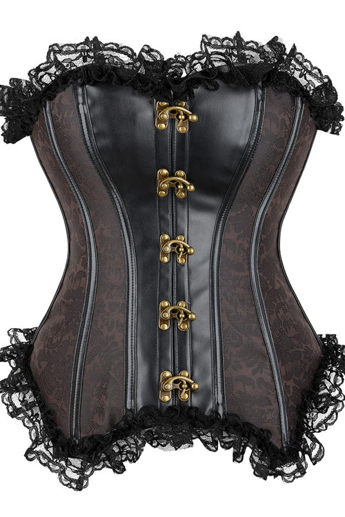 Black Strapless Leather Lace Ruffled Lace-Up Bustier Corset Top