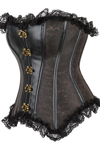 Black Strapless Leather Lace Ruffled Lace-Up Bustier Corset Top