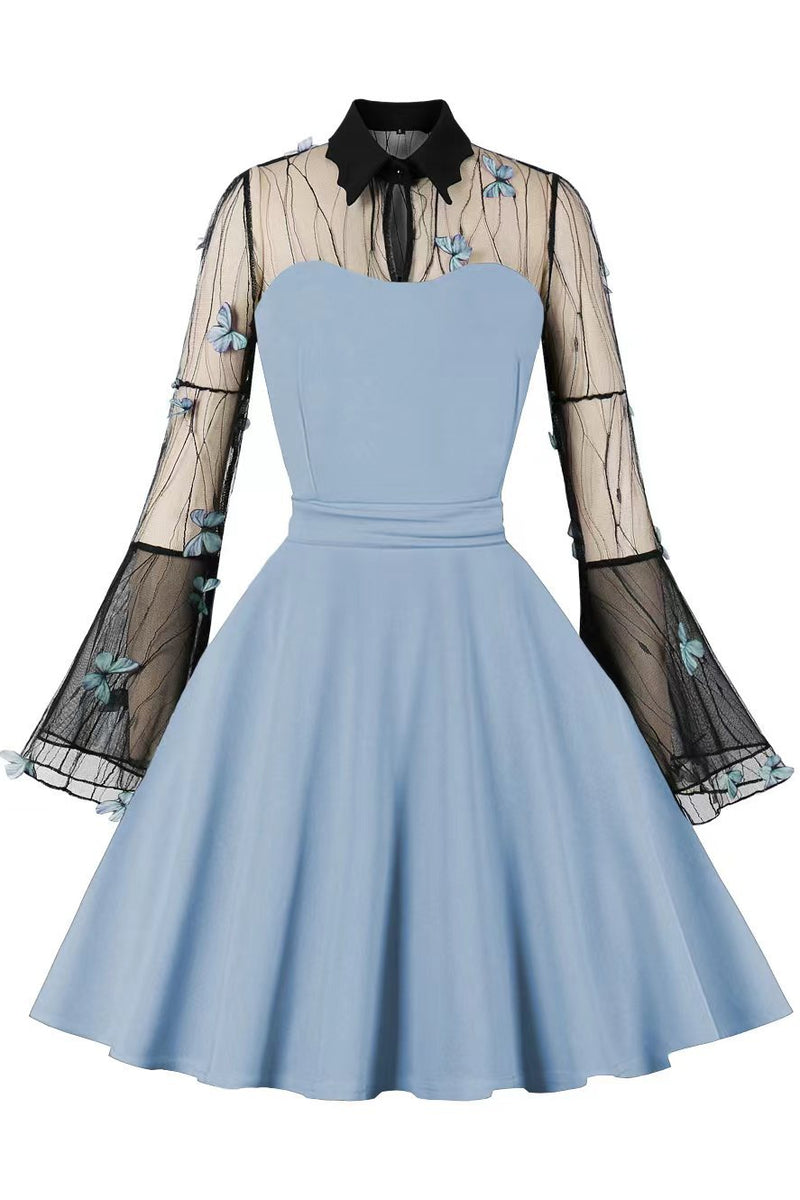 Halloween Light Blue Bell Sleeves Butterfly A-line Vintage Dress