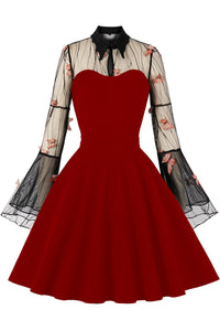 Halloween Wine Red Bell Sleeves Butterfly A-line Vintage Dress