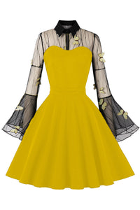 Halloween Yellow Bell Sleeves Butterfly A-line Vintage Dress