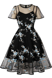 Black Embroidery Flaunt Sleeves A-line Vinatge Dress