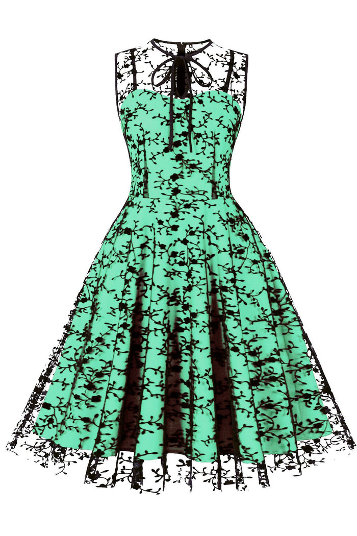 Green Embroidery Sleeveless A-line Vintage Dress