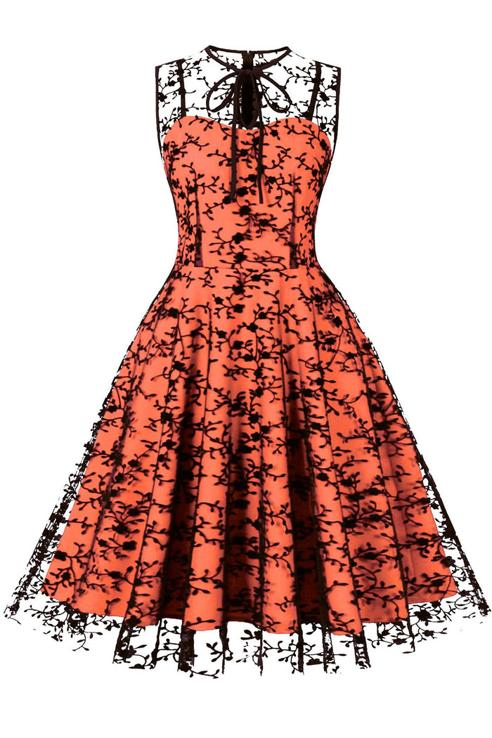 Orange Embroidery Sleeveless A-line Vintage Dress