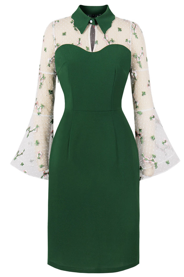 Green Embroidery Sheath Bell Sleeves Vintage Dress