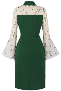 Green Embroidery Sheath Bell Sleeves Vintage Dress