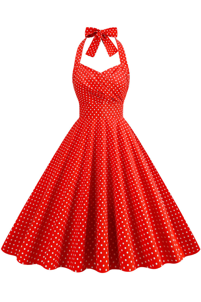 Herbene Red Dot Bow Tie Halter Dress