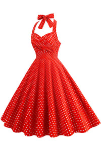 Herbene Red Dot Bow Tie Halter Dress