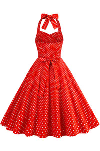 Herbene Red Dot Bow Tie Halter Dress